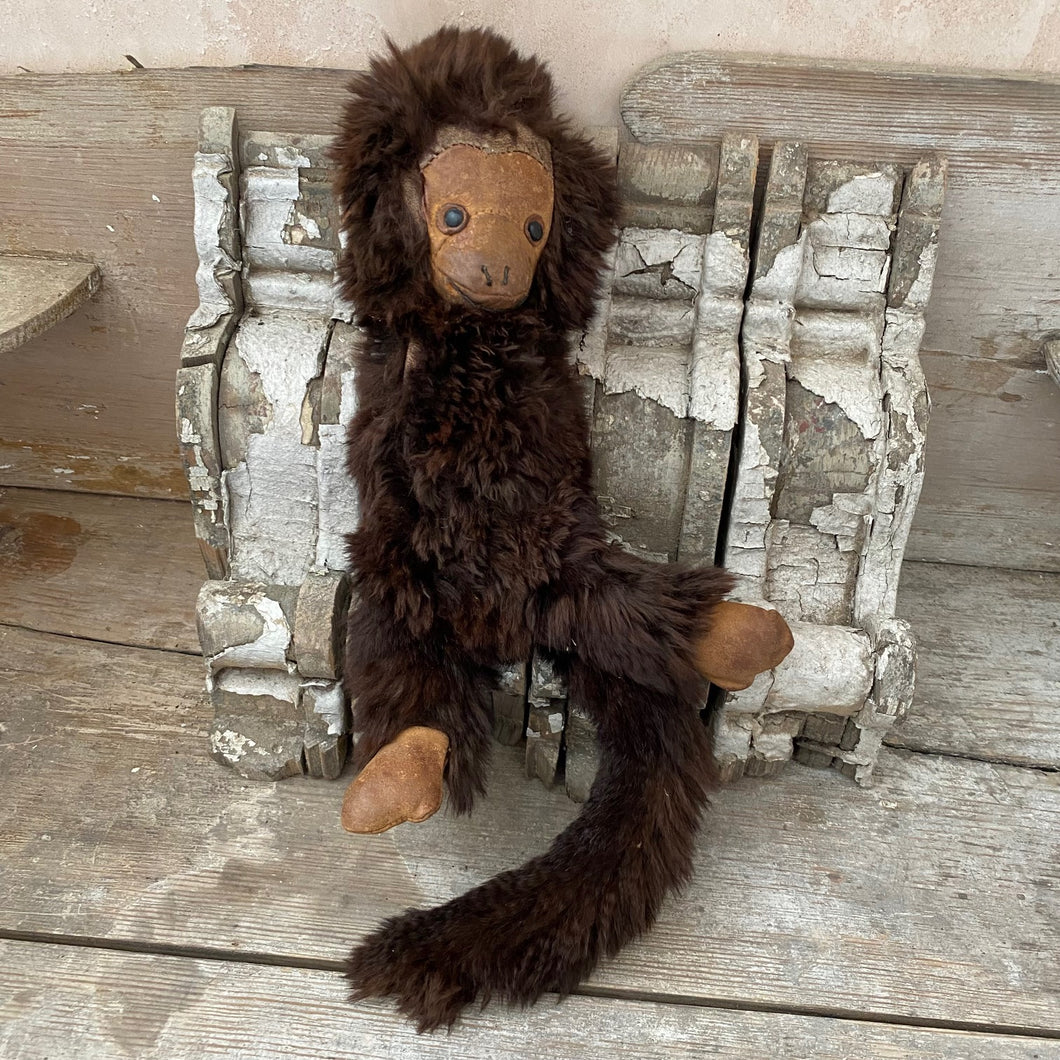 Rabbit fur & leather monkey toy