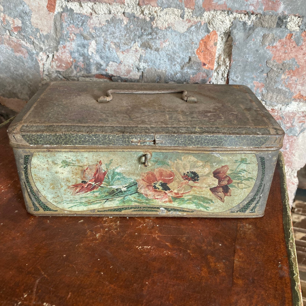 Green floral tin with handle