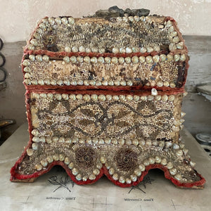 French shellwork & seed jewellery box dated 1890
