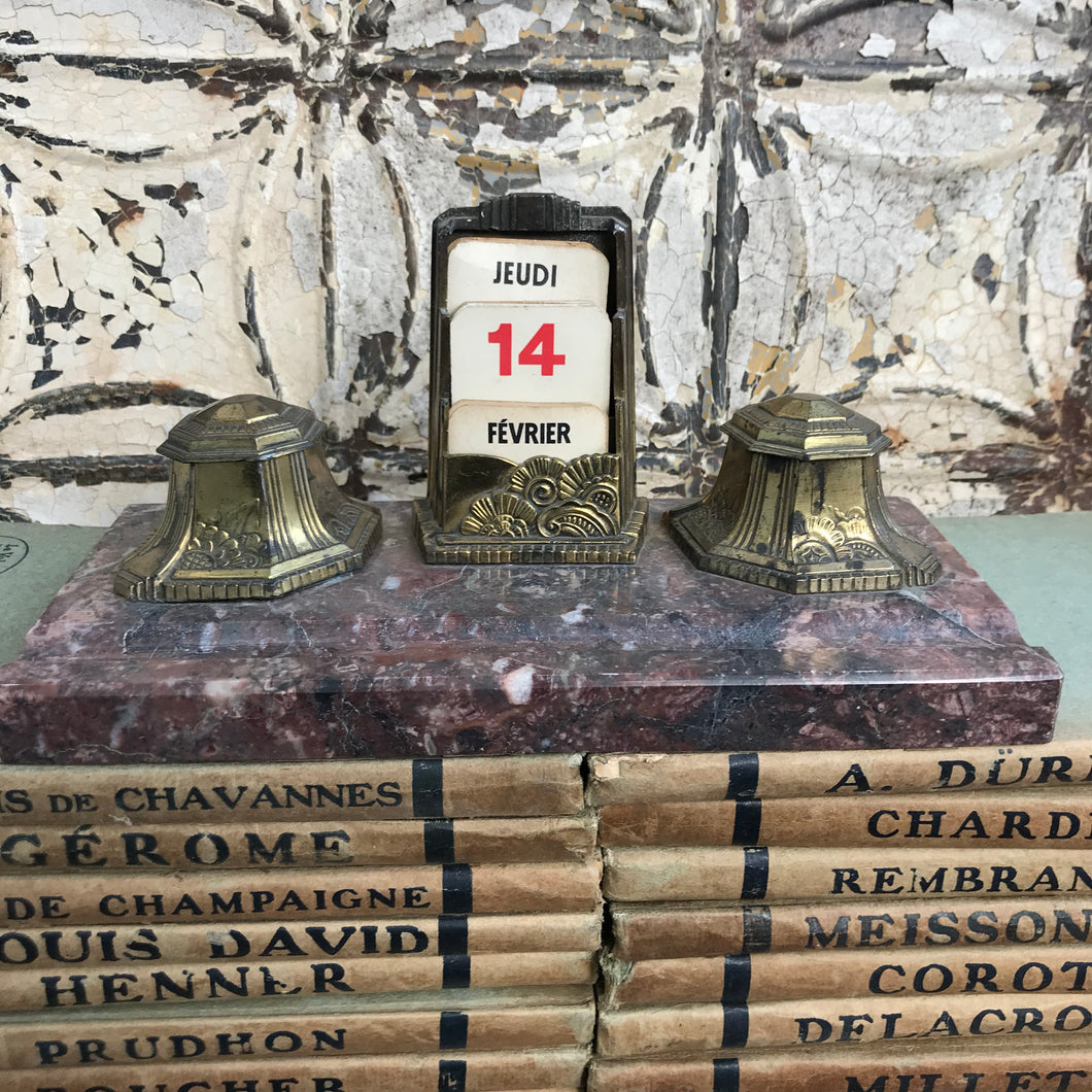 French marble & brass perpetual calendar / inkwell