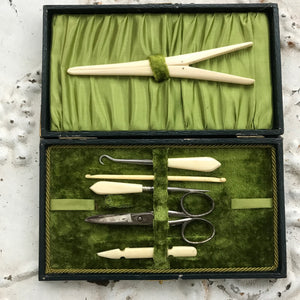 Velvet-covered vintage sewing set