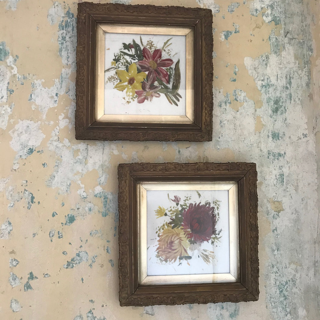 Pair framed Victorian milk glass florals
