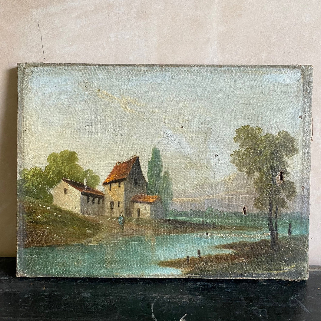 Oil on canvas houses by lake
