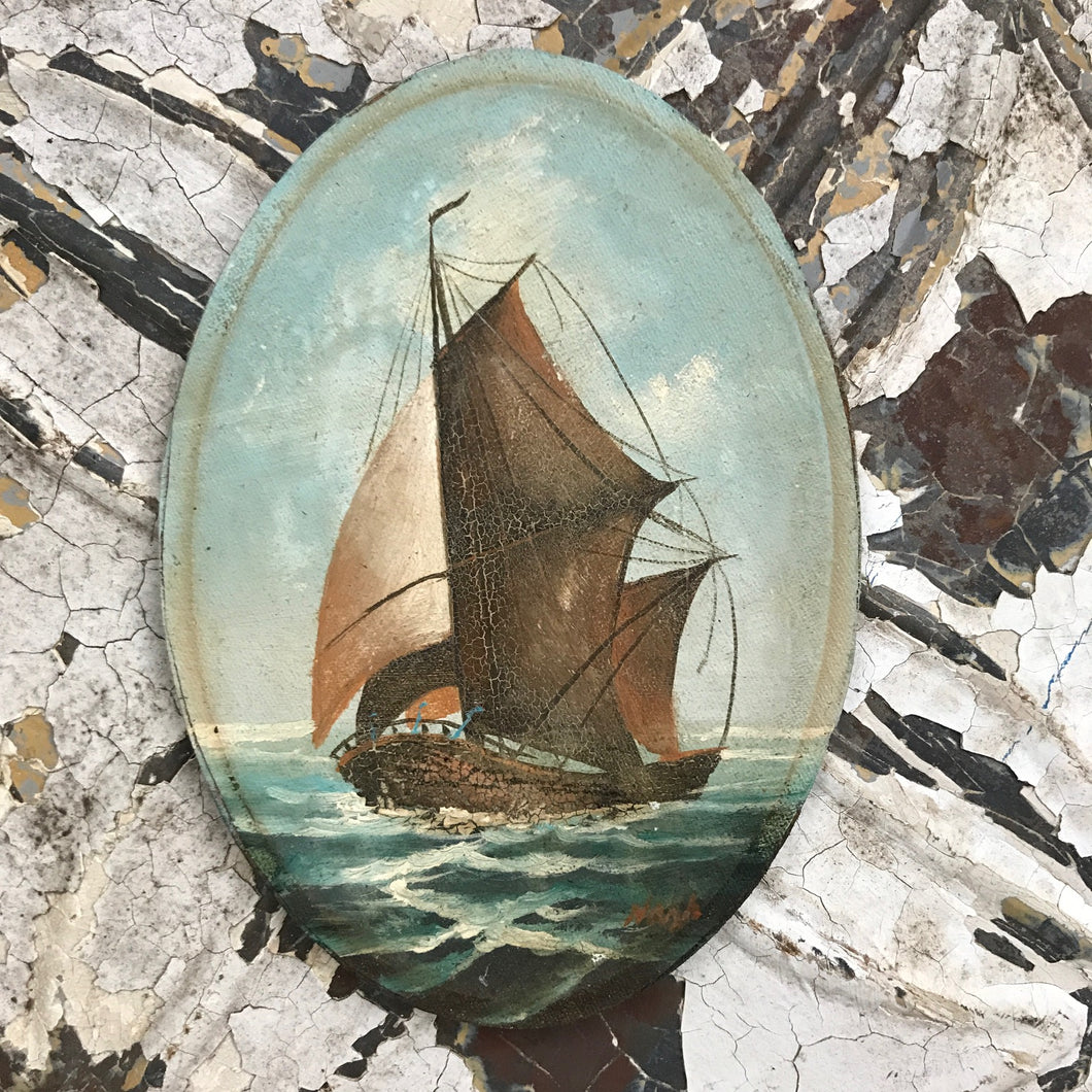 Sailing ship craquelure oil painting - blues