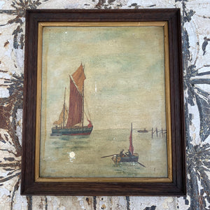 Framed oil on board boats at sea