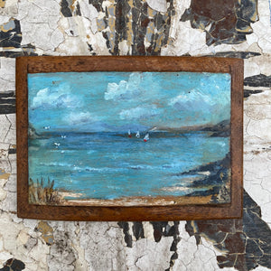 Small oil on wood panel ships at sea