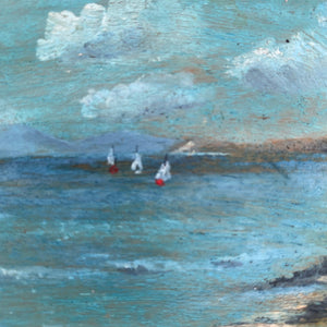 Small oil on wood panel ships at sea