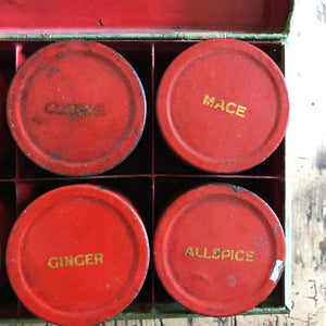 Green toleware spice tin with pots