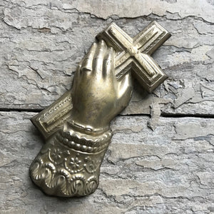 Ex-voto pressed tin hand & crucifix (tarnished)