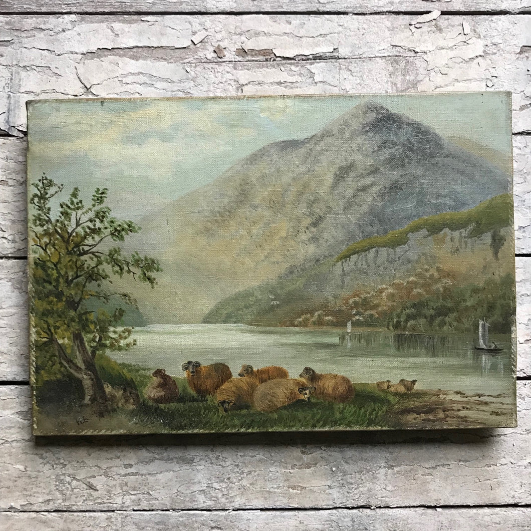Oil on canvas landscape - lake & sheep