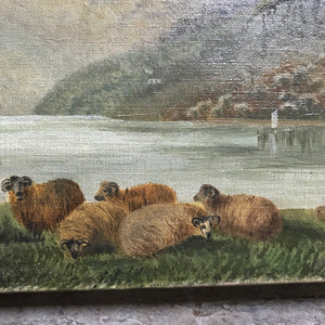Oil on canvas landscape - lake & sheep