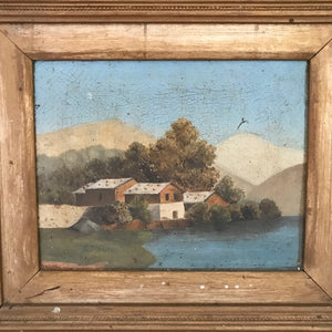 Framed oil on canvas craquelure lake scene