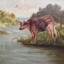 Load image into Gallery viewer, Naïve oil on canvas of cows
