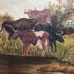 Naïve oil on canvas of cows