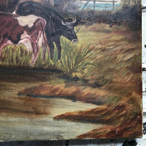 Naïve oil on canvas of cows