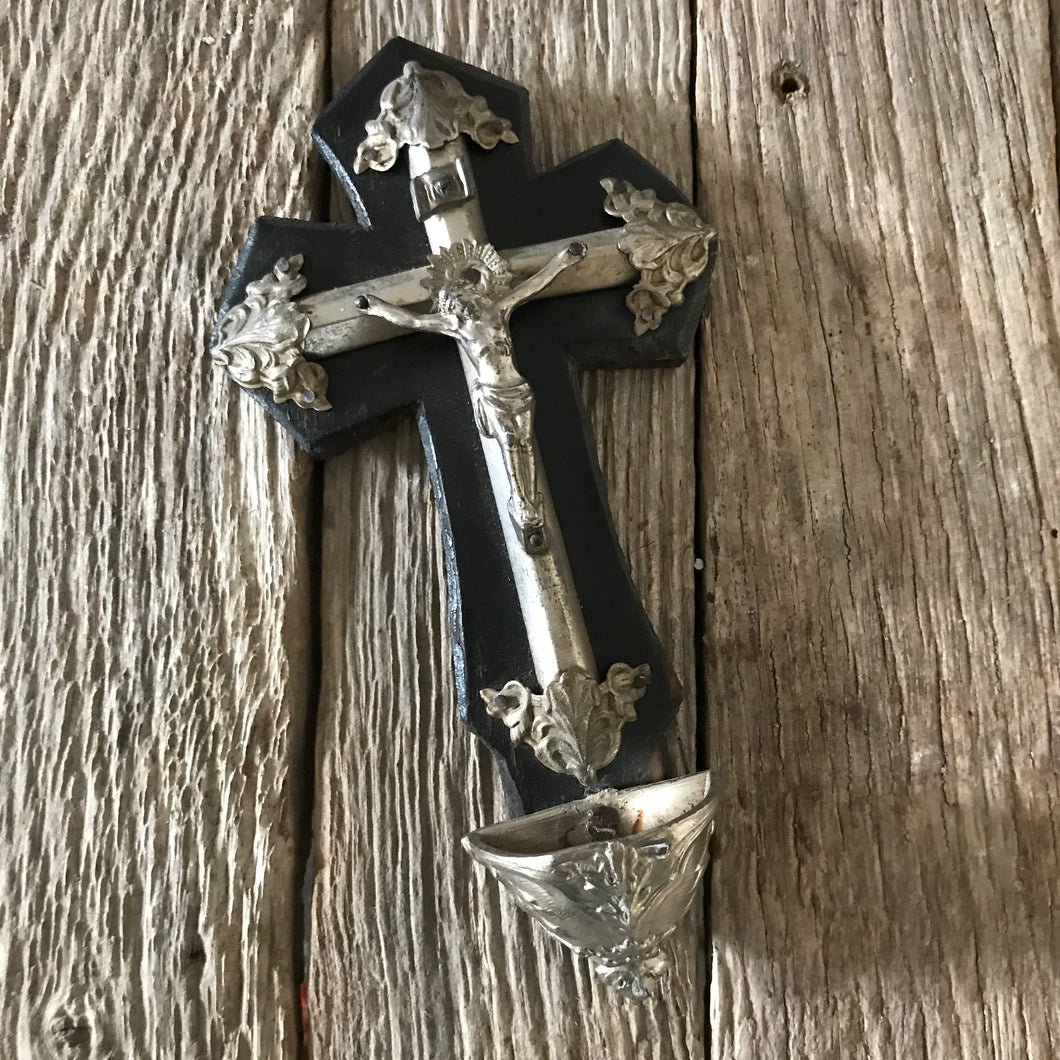French wall hanging crucifix & holy water font